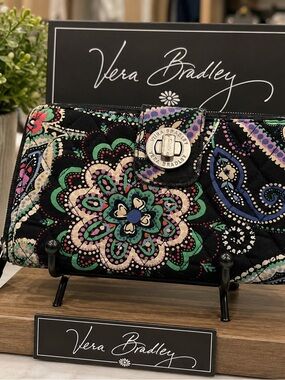 Vera Bradley Black Quilted Wallet with Multicolor Paisley and Floral Print